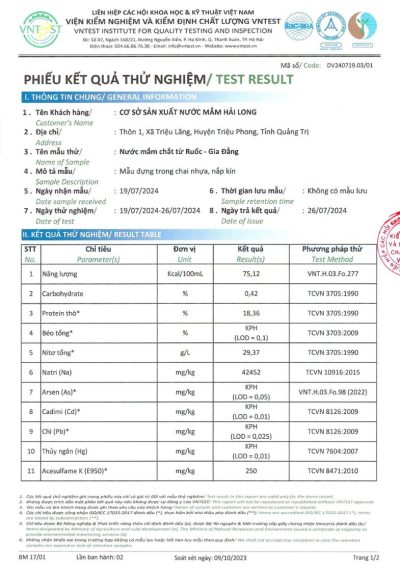 Bản tự công bố chất lượng nước mắm chắt từ ruốc Gia Đẳng