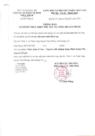 bản tự công bố nước mắm o xảo thượng hạng