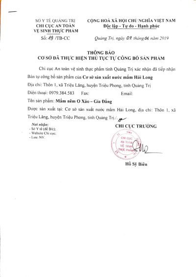 Bản tự công bố chất lượng mắm nêm O Xảo gia đẳng