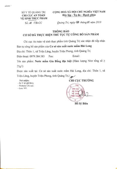 Bản tự công bố chất lượng nước mắm Gia Đẳng thượng hạng 36 tháng