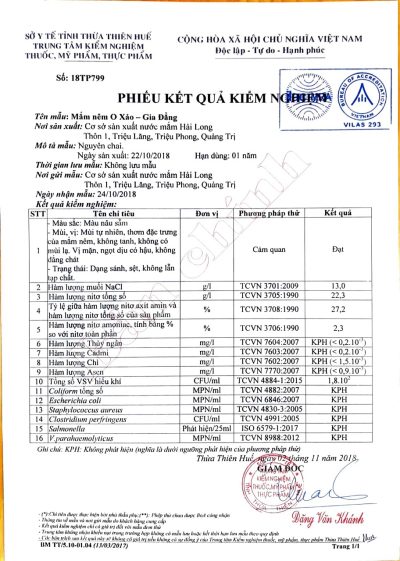 Bản tự công bố chất lượng mắm nêm O Xảo gia đẳng