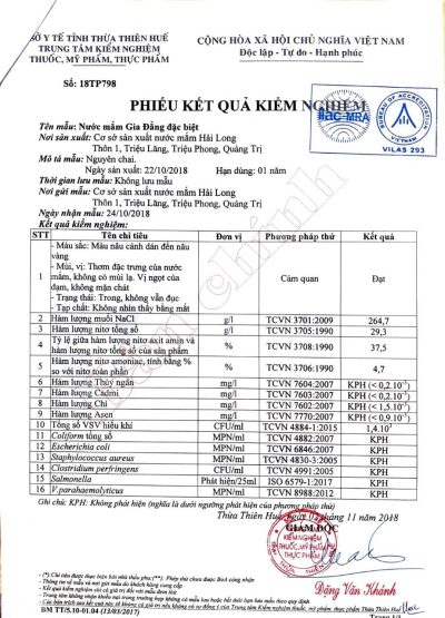 Bản tự công bố chất lượng nước mắm Gia Đẳng thượng hạng 36 tháng